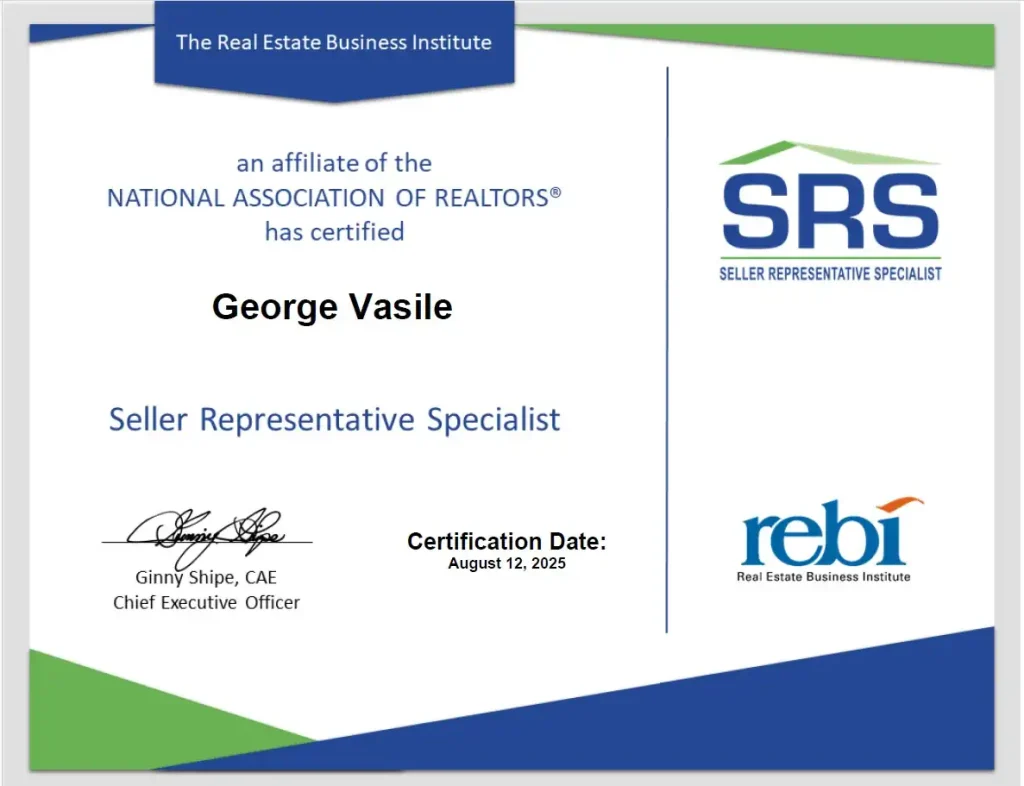 Diploma certificare SRS – Seller Representative Specialist emisă de REBI și recunoscută NAR pentru George Vasile